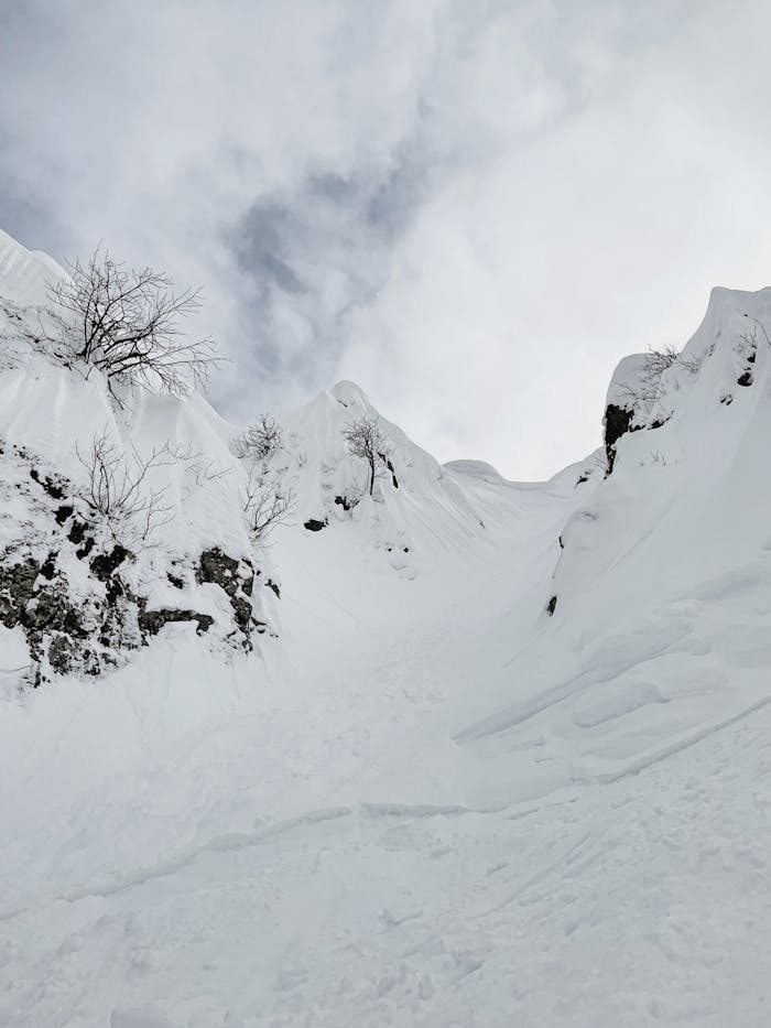 Scenic view of snow-covered mountains and frosty cliffs under a cloudy sky.
